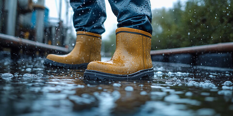 Worker inspects waterlogged area wearing waterproof boots Generative AI