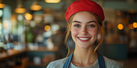 Young woman in red cap and uniform smiles at cafe Generative AI