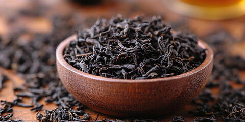 Freshly dried black tea leaves in a wooden bowl Generative AI