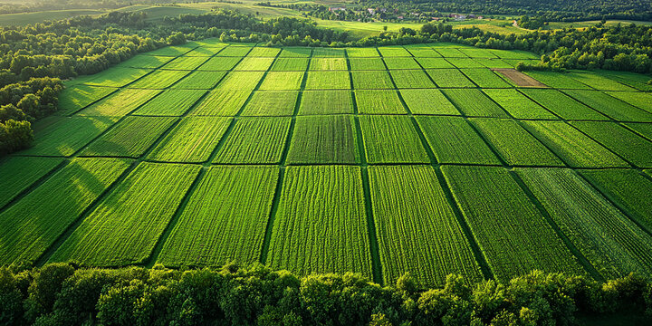 Aerial view of neatly arranged green fields in landscape Generative AI
