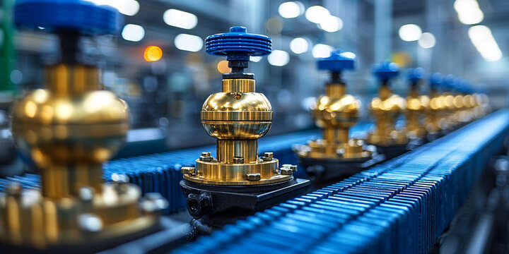 Display of brass shutoff and gate valves in a factory Generative AI