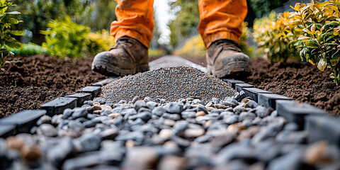 Construction worker spreading gravel along a path Generative AI