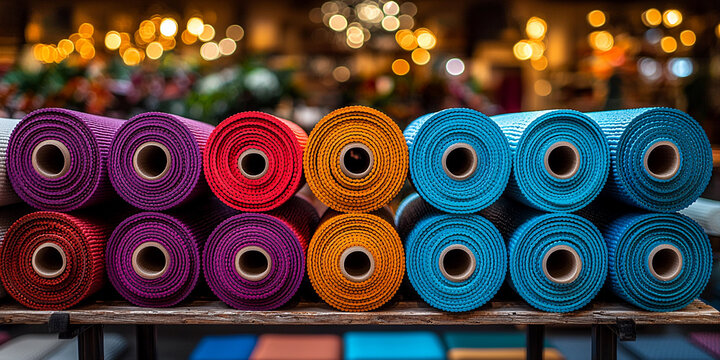 Colorful yoga mats neatly stacked in a studio setting Generative AI