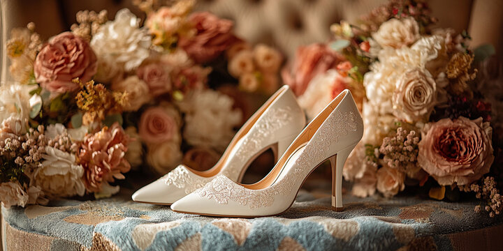 Elegant white high-heeled shoes among floral arrangements Generative AI