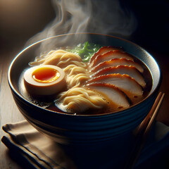 A close-up of a steaming bowl of Shoyu ramen. The broth has a visible oily sheen, with perfectly soft-boiled egg (Ajitama) and thin slices of Chashu pork. Steam rising visibly, dark blue ceramic bowl