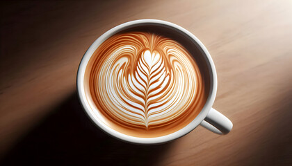 A close-up, overhead view (flat lay) of a white ceramic mug containing a latte with intricate foam art (Rosetta pattern)