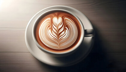 A close-up, overhead view (flat lay) of a white ceramic mug containing a latte with intricate foam art (Rosetta pattern)