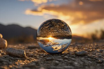 A crystal ball on rocky ground captures an inverted reflection of a golden sunset with glowing clouds and distant mountains under a twilight sky