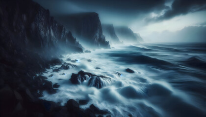 A dramatic, long-exposure photo of powerful ocean waves crashing against a rugged coastal cliff. Water is blurred into silky white foam. 