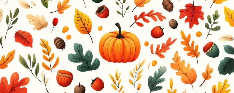 Colorful seamless pattern featuring autumn leaves and pumpkins