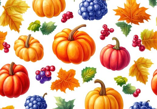 Seamless pattern of autumn pumpkins and leaves in vibrant colors