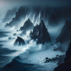A dramatic, long-exposure photo of powerful ocean waves crashing against a rugged coastal cliff. Water is blurred into silky white foam. 