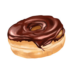 Realistic drawing of a large donut with chocolate glaze on a transparent background