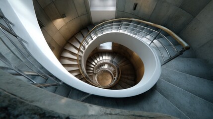 Aerial view of a modern spiral staircase with concrete walls and wooden railings. Geometry, light, and shadow create architectural depth.