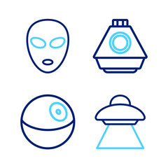 Set line UFO flying spaceship, Planet, Space capsule and Alien icon. Vector