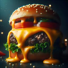 An extreme macro shot of a gourmet cheeseburger. The melted cheddar cheese is dripping down the sides of the patty. Fresh, shiny lettuce and tomato slices are visible. Dark, moody background