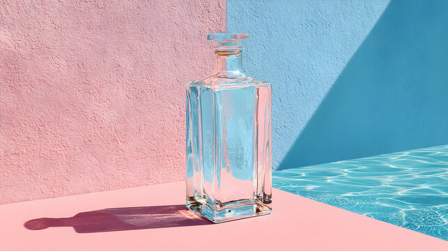 Modern still life of clear crystal bottle with pastel background and water reflection