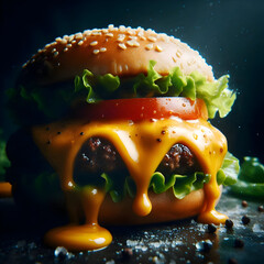 An extreme macro shot of a gourmet cheeseburger. The melted cheddar cheese is dripping down the sides of the patty. Fresh, shiny lettuce and tomato slices are visible. Dark, moody background