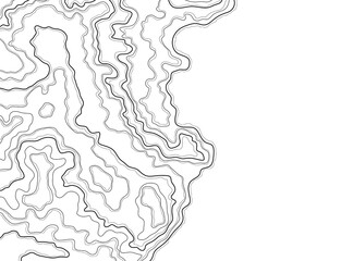 Abstract black and white topographic map line pattern. Wave-like contour lines, minimalism, and geometry. Map relief lines. Topographic background with empty space for text.