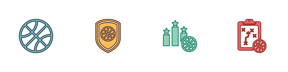 Set Basketball ball, Shield in the basketball, Sports winner podium and Planning strategy icon. Vector