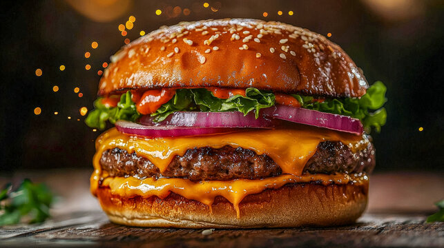 Juicy cheeseburger with fresh vegetables and sesame seed bun
