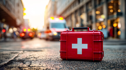 Emergency medical kit on city street with ambulance in background