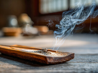 Smoldering incense sticks resting on a wooden holder releasing delicate smoke patterns in a serene and softly lit indoor environment with blurred background elements