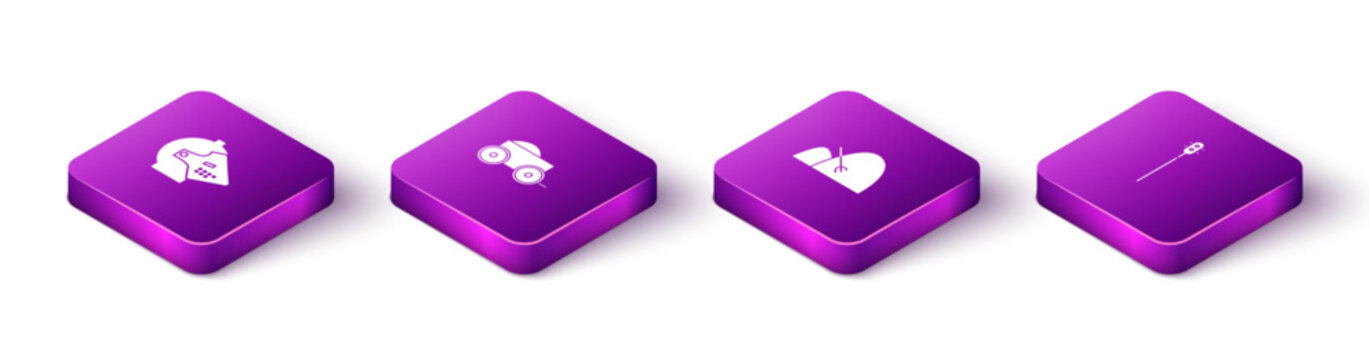 Set Isometric Medieval iron helmet, Wooden four-wheel cart, Bale of hay and rake and chained mace ball icon. Vector