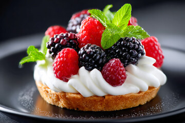 Colorful tart with fresh raspberries, blackberries, whipped cream, and mint leaves elegantly arranged on a dark plate for a gourmet dessert experience