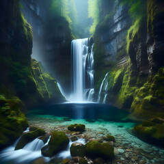 A breathtaking waterfall cascading into a serene pool in a deep forest canyon. Long exposure photography makes the water look smooth and silky. Green mossy rocks, misty air, 16k