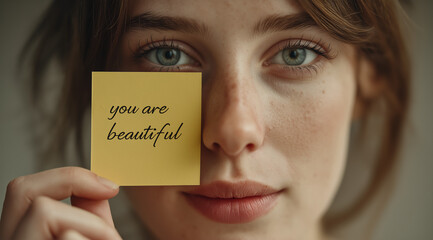 Young woman holding a sticky note with the message you are beautiful