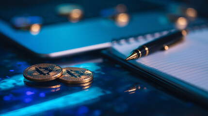 Closeup of golden Bitcoin coins on a reflective desk with a pen and notebook
