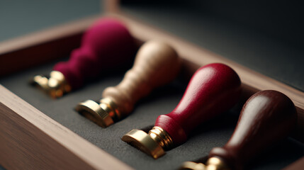 A collection of vintage wax seal stamps with wooden handles in a presentation box