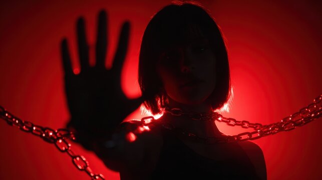 Woman with short hair raising her hand in a stop gesture, wrapped in metal chains and illuminated by dramatic red light, symbolizing protest against domestic violence and oppression.
