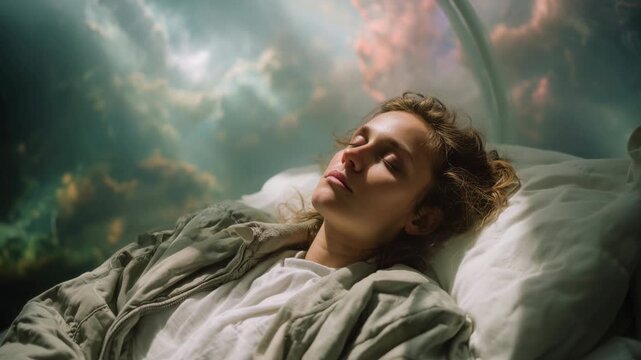 Beautiful woman sleeping calmly in a futuristic cryogenic pod or stasis chamber, with a dramatic cosmic nebula and clouds visible through the transparent canopy of her suspended animation bed