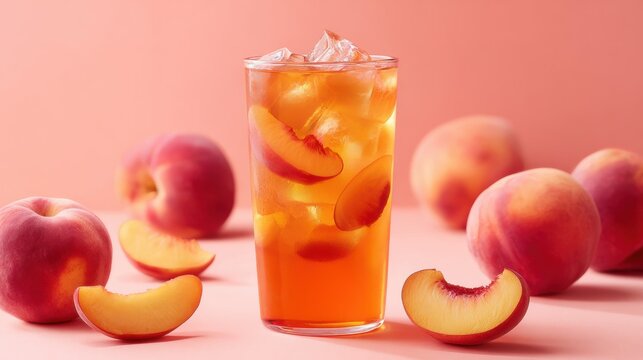 Refreshing glass of iced peach tea with ice cubes and fruit slices surrounded by ripe peaches on a pink background, summer beverage concept.