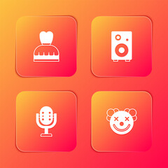 Set Woman dress, Stereo speaker, Microphone and Clown head icon. Vector
