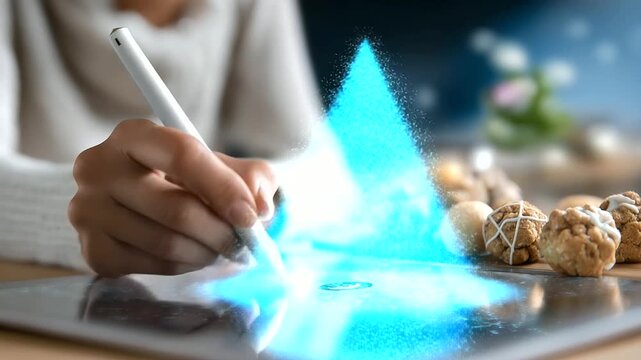 Anonymous hands using stylus with defocused body and crystal clear vector pattern of seasonal treats visible, with copy space