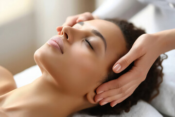Obraz premium Close-up of a woman enjoying a professional facial massage in a spa, symbolizing beauty, relaxation, and wellness care.