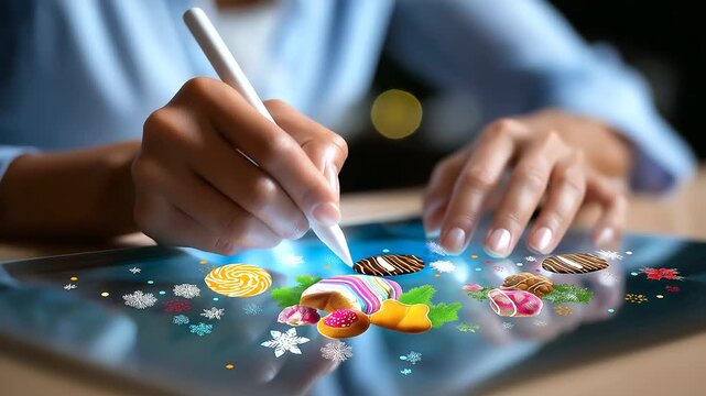 Anonymous hands using stylus with defocused body and crystal clear vector pattern of seasonal treats visible, with copy space