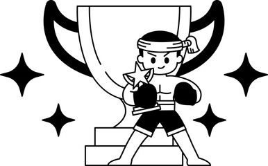 black and white Illustration of a thai boxer holding a trophy