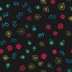 Set line Route location, Dirty water drop, Hashtag speech bubble and Bacteria on seamless pattern. Vector