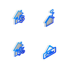 Set Isometric line House with heart shape, dollar, percant and Hanging sign For Sale icon. Vector