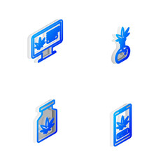 Set Isometric line Test tube with marijuana, Online buying, Medical bottle and icon. Vector