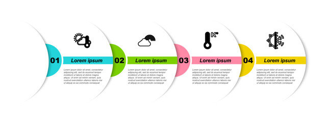 Set line Thermometer and cloud, sun, Rainbow with, Meteorology thermometer and Sun snowflake. Business infographic template. Vector
