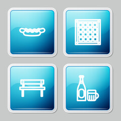 Set line Hotdog sandwich, Checkered napkin, Bench and Beer bottle glass icon. Vector