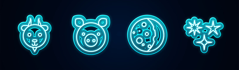 Set line Aries zodiac, Pig, Eclipse of the sun and Falling star. Glowing neon icon. Vector