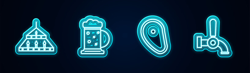 Set line Massive steel chandelier, Wooden beer mug, Steak meat and Beer tap. Glowing neon icon. Vector