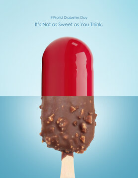 Creative Visual Concept for World Diabetes Day - Half  sweet chocolate Ice cream and Half Capsule. Sugar vs Medicine