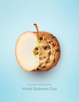 Half Apple Half Chocolate Chip Cookie &ndash; Healthy vs Sugary Treat Concept for World Diabetes Day